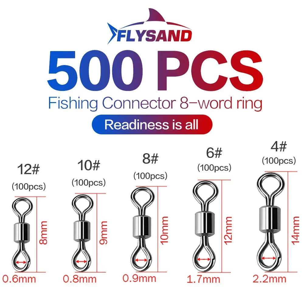 FLYSAND Rolling Barrel Swivel Fishing Hook Line Connector Kit Stainless Steel Copper Black Nickel 500Pcs Box