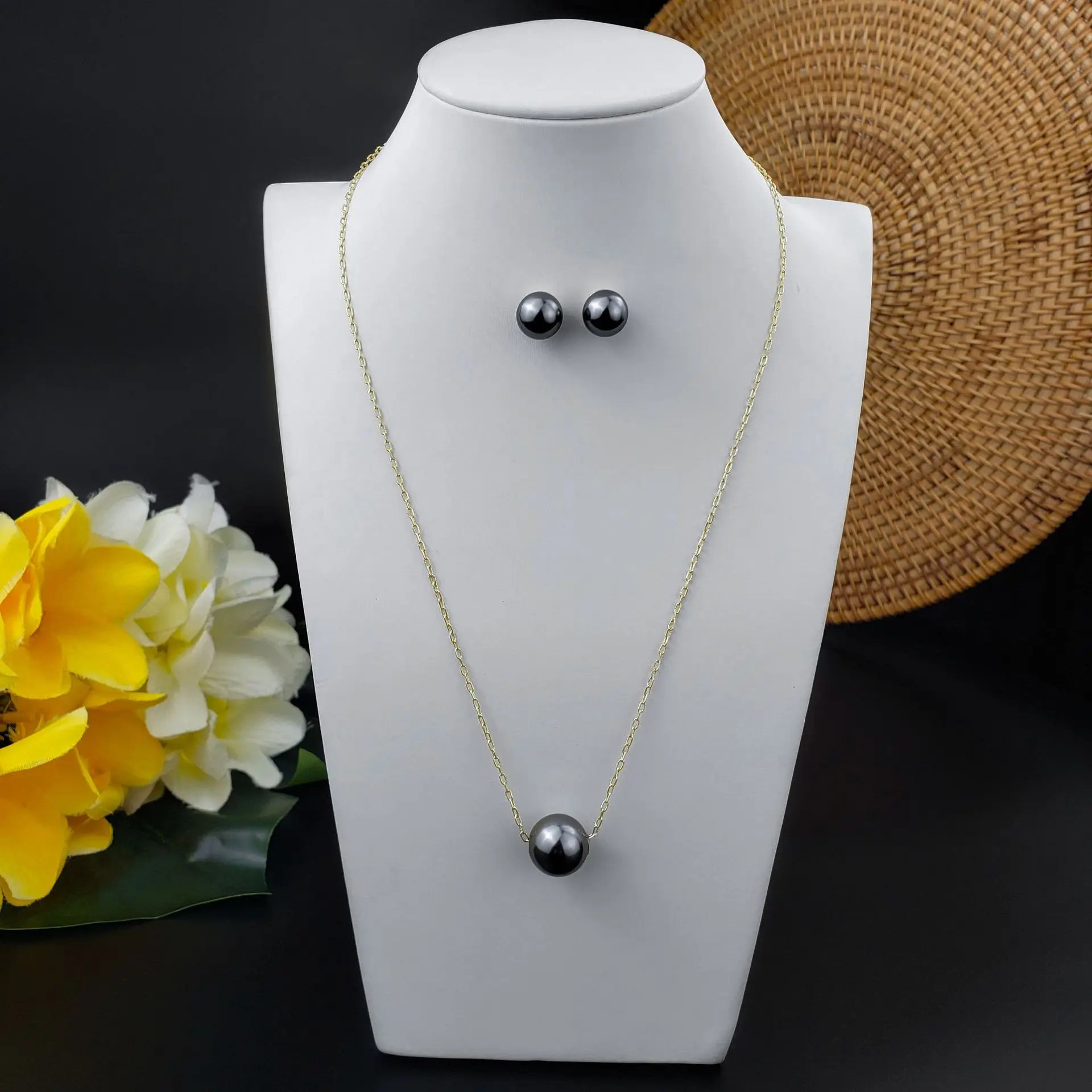 Dainty One Round Floating Mother of Pearl Necklace Earring Jewelry Set Handmade Hawaii Polynesian Bridesmaid Gift