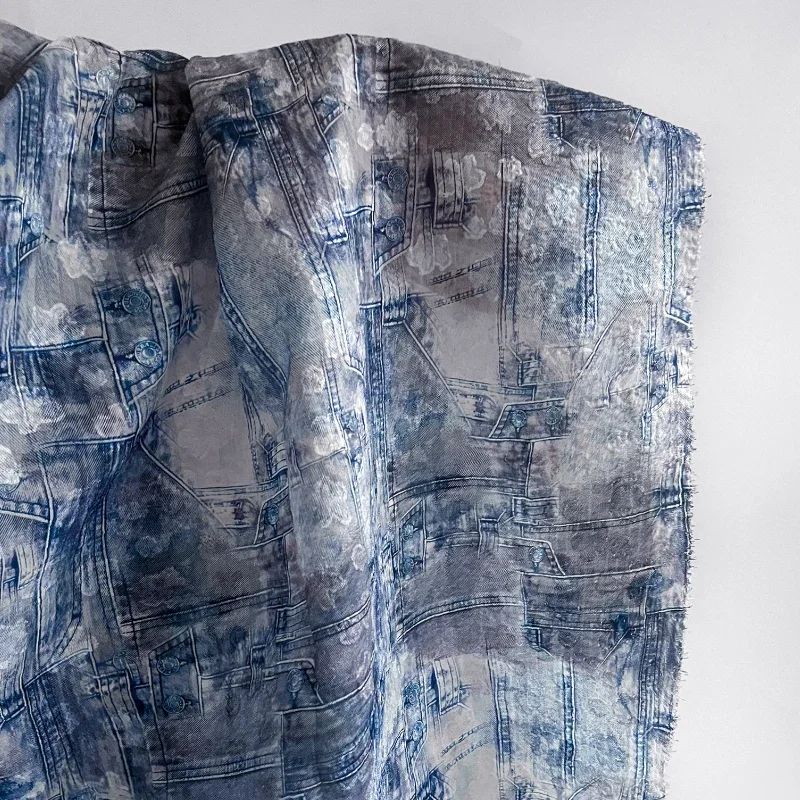 Denim Deconstruction Splicing Texture Printed Jacquard Fabric Chinese Style Tie Dye Half Skirt Shirt Designer Fabric