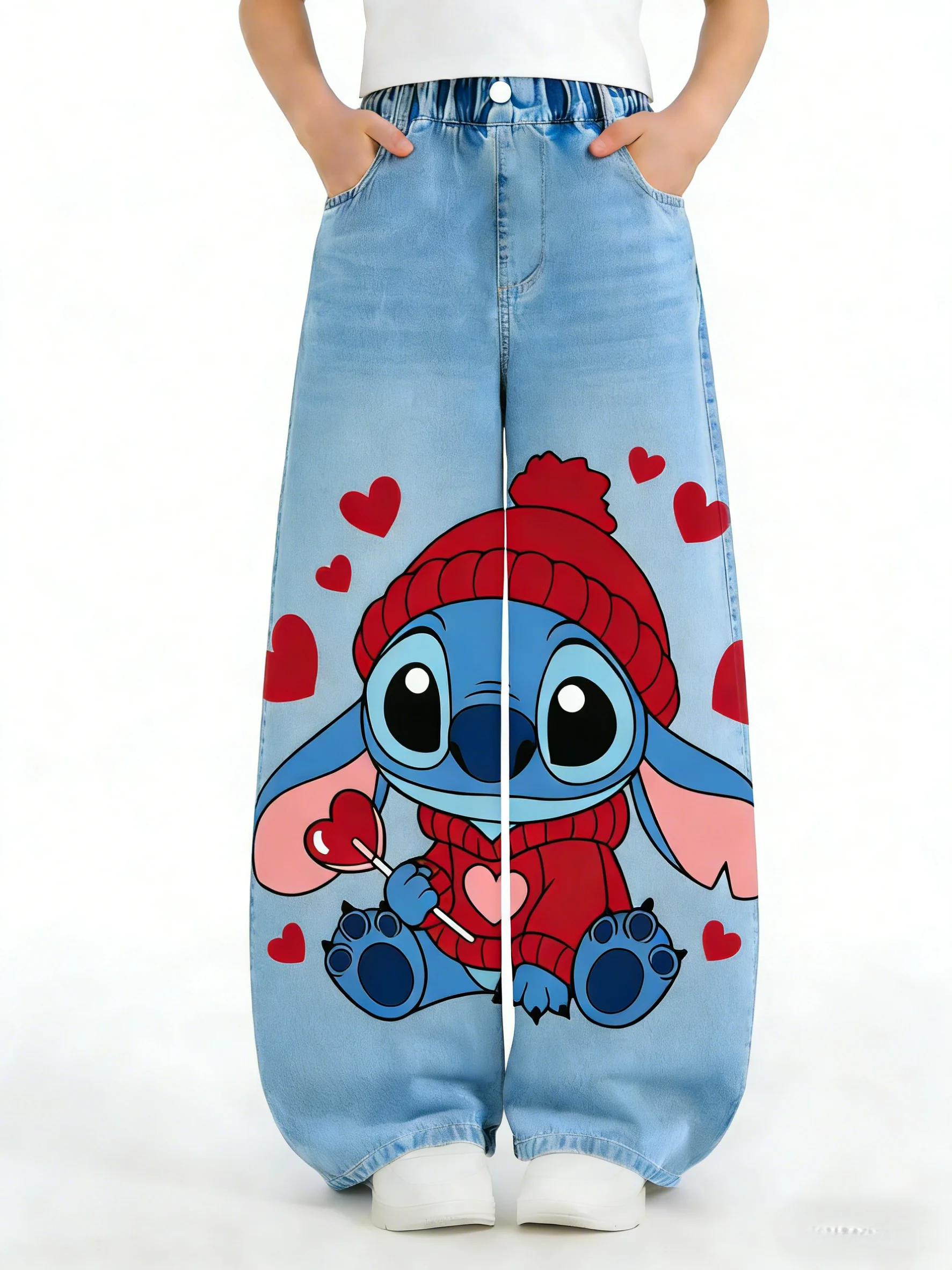 

Джинсовые брюки для девочек Disney, эластичные, из мягкого, приятного для кожи денима, с принтом Микки, с высокой талией, защищающие живот, повседневные детские брюки