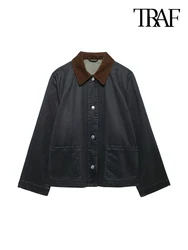 TRAF-Loose Jacket with Corduroy Collar for Women, Long Sleeve, Front Button, Female Outerwear, Chic Tops