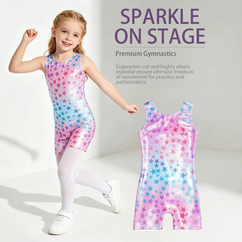 2026 New Girls Flat-angle Gymnastics Suit Glossy Star-printed One-piece Training Suit Quick-drying High-elastic Dance Jumpsuit