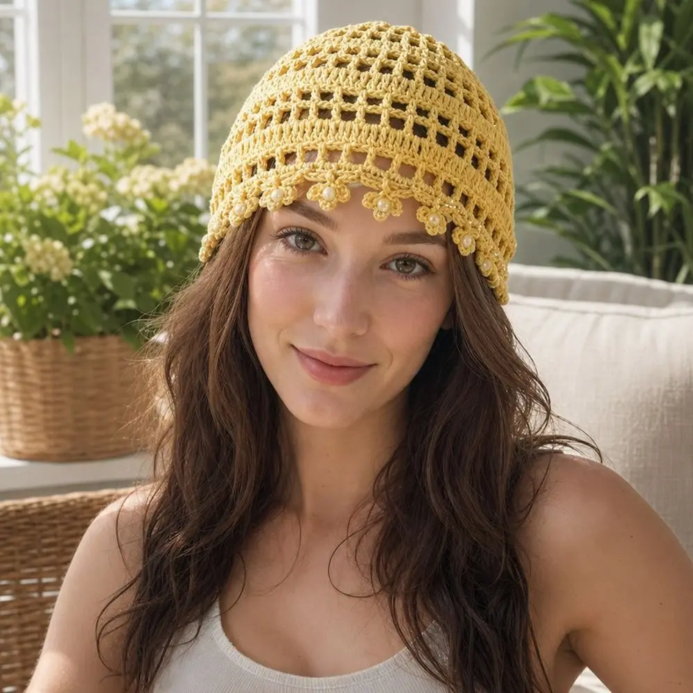 Korean Handmade Crochet Hat Pearl Tassel Breathable Hollow Beanie Sequined Weave Cap Women