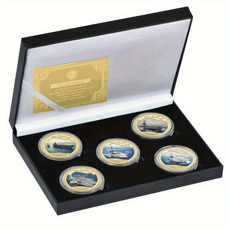 5pcs US Military Aircraft Carrier Golden Commemorative Coins Set Army Collectible Challenge Coins Souvenir Gifts for Veterans