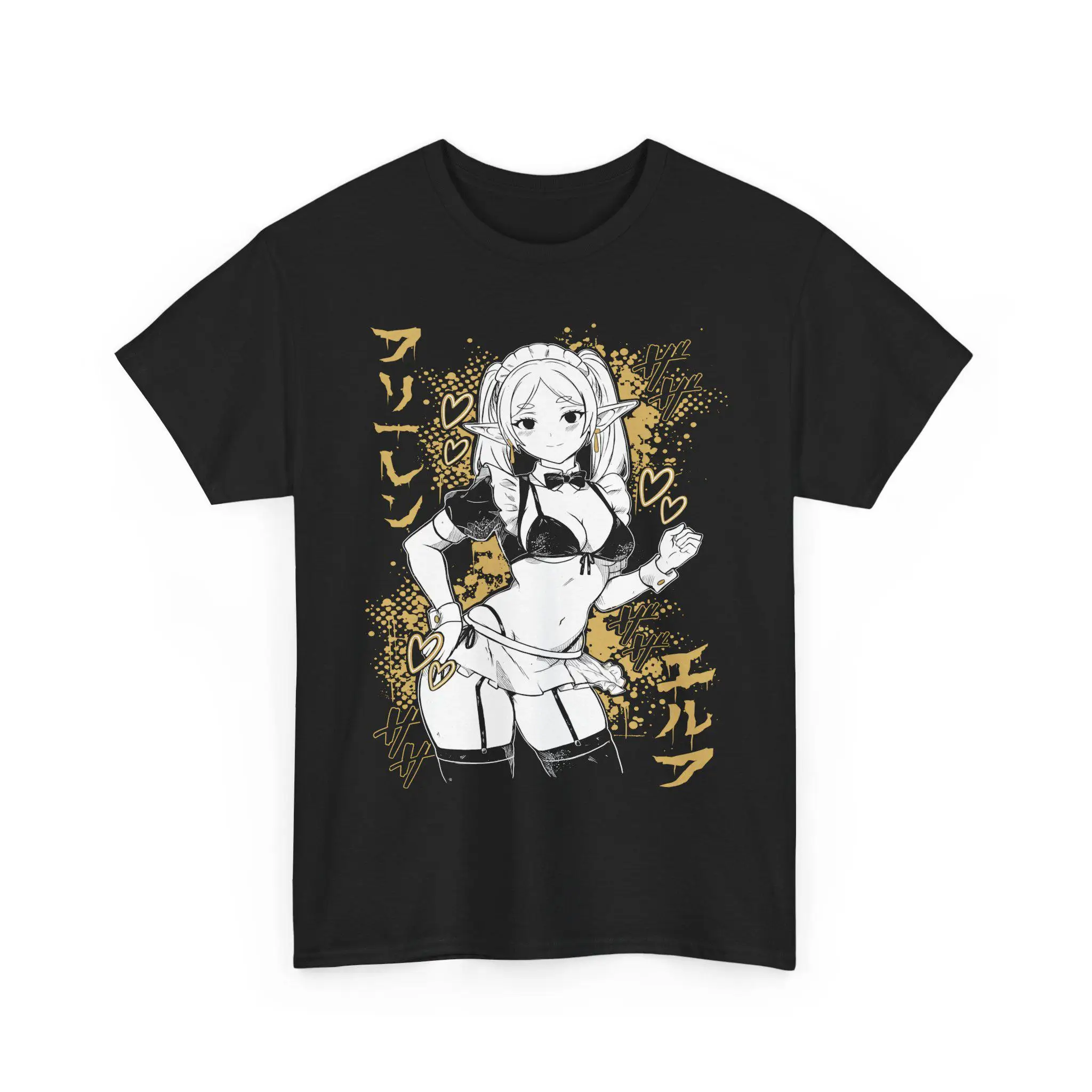 Oversized Frieren Graphic T Shirt Maid Elf Girl Anime Gold Splash Print Black Short Sleeve Tee Unisex Japanese Manga Casual