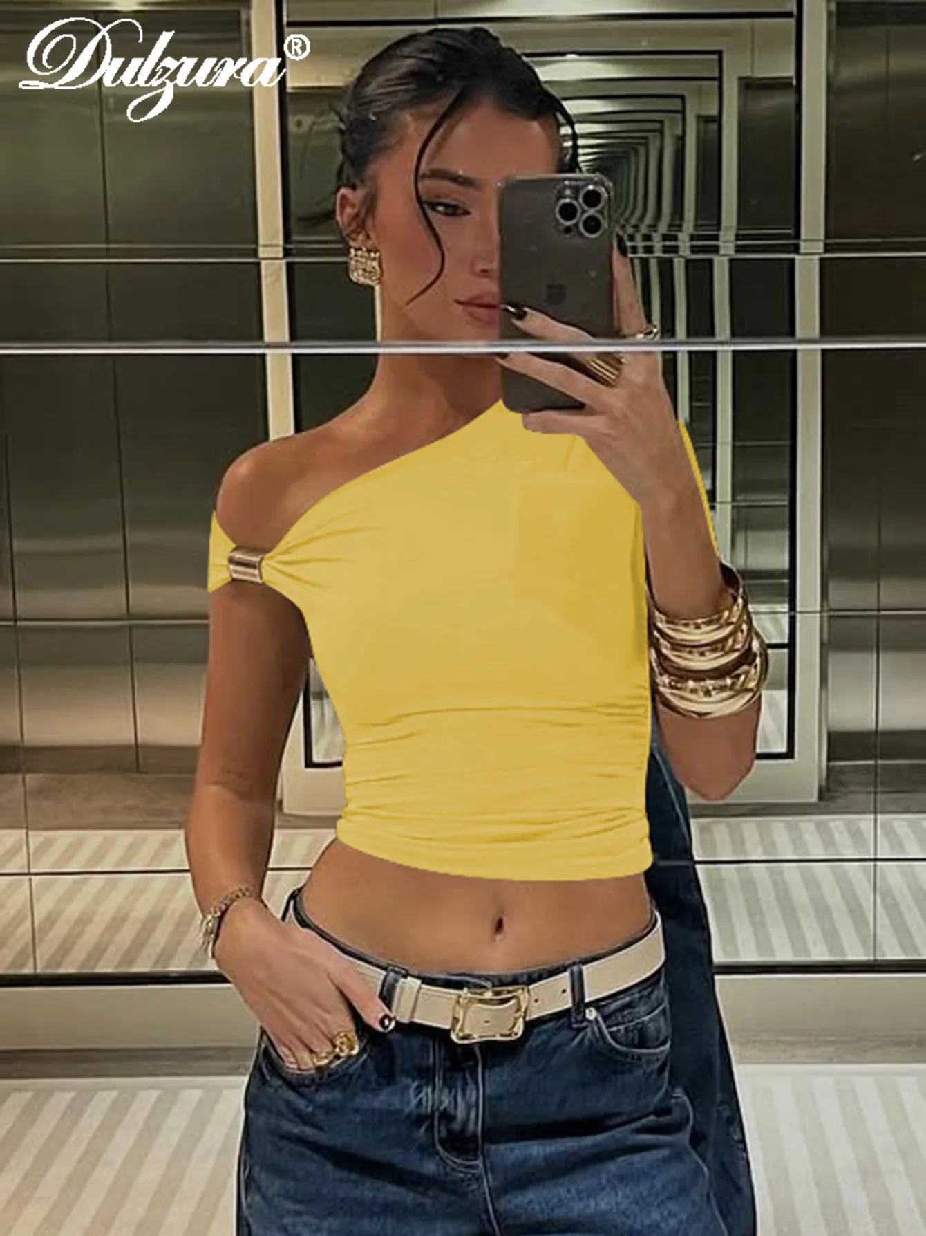 Dulzura スキューカラー半袖シャーリングメタル Tシャツ女性の固体カジュアルエレガントな Y2K トップスクラブストリート夏服卸売