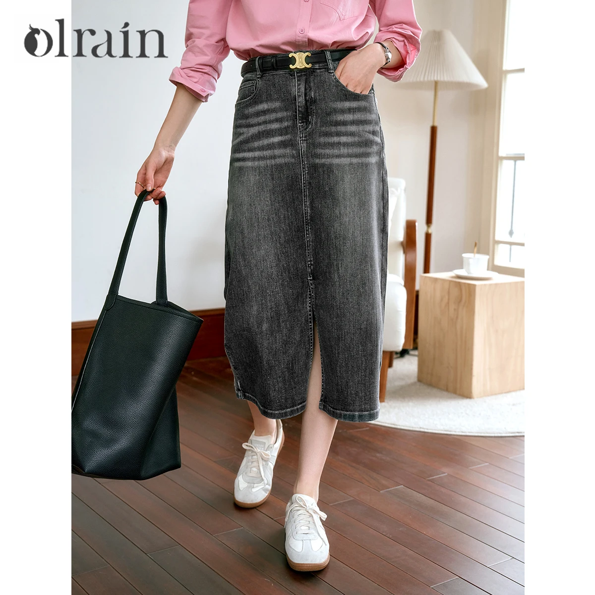 

OLrain Women's Smoke Grey Skirt 2025 Autumn Straight Cotton Stonewashed High-waist Slit Fashion Denim Skirt WO24QB92938