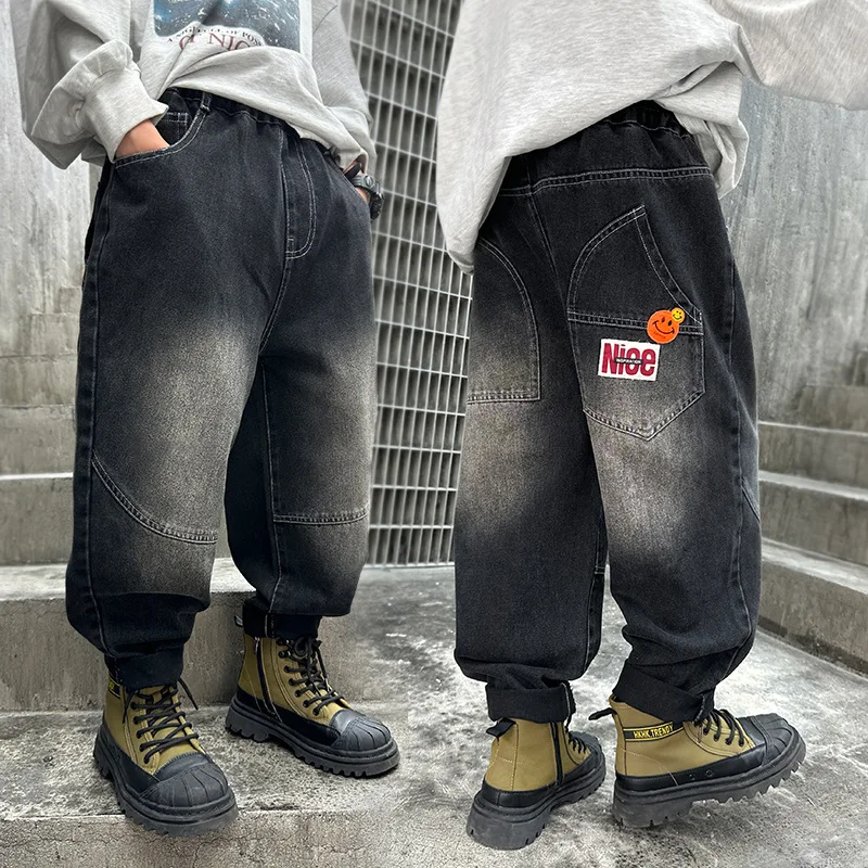 Kids Luxury New Design Gradient Jeans Pants with Back Pocket for Teenage Boy Casual Loose Straight Denim Pants Child Trousers