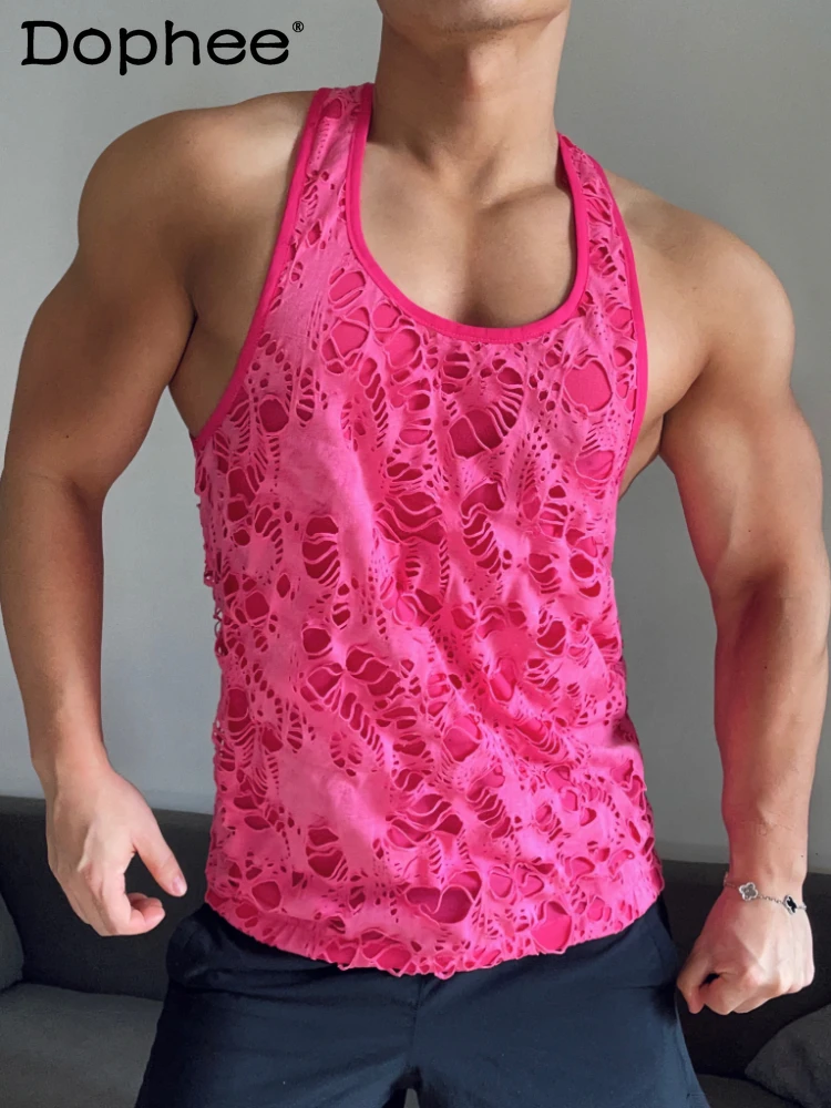 

Men's 2024 Sleeveless Tops Sports Fitness Muscle Sexy Waistcoats Hollow-out Slim-fit Tank Tops Solid Color Male Slimming Vests