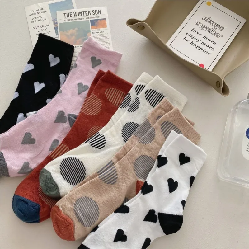 Women's Socks Female Korean Mid-tube Ins Causal All Matching Candy Color Pink White Love Comfort Sock Polka Dot Striped Academy