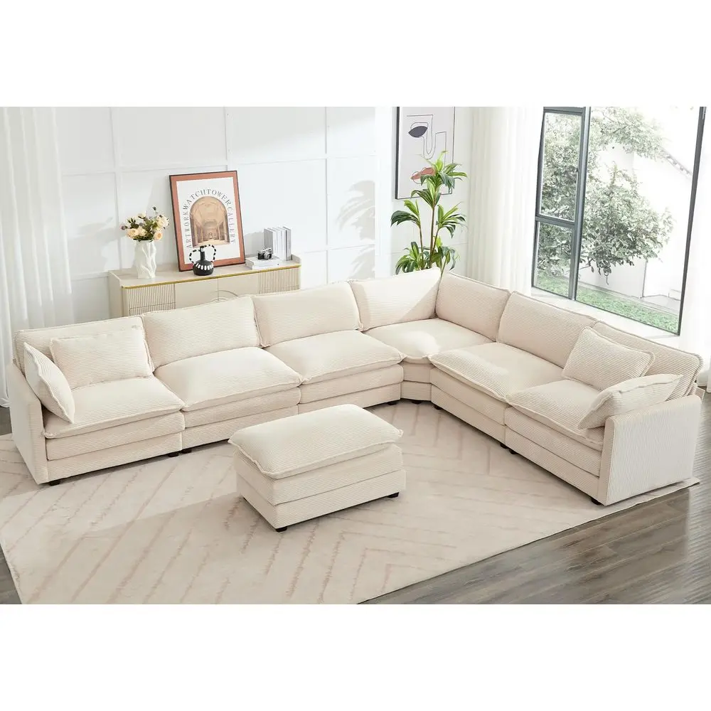 150 Modular Sectional Cloud Couch, 7 Seater Corner Sofa Big Comfy Corduroy V Shaped Couch with 4 Throw Pillows, Convertible Cha