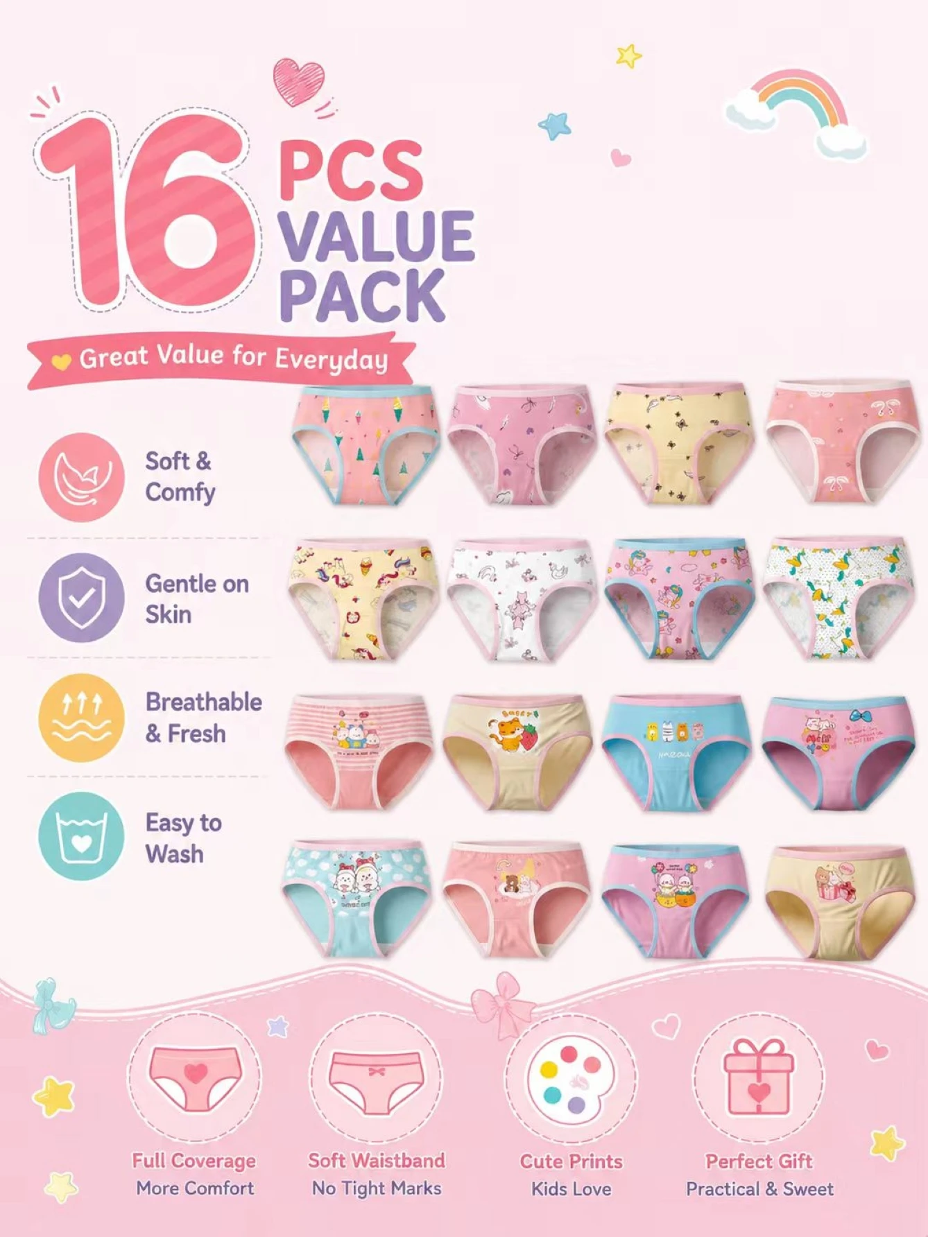 ZEKSAF Girls Underwear Soft and Comfortable 16 Pack Kids Briefs Size 4T-10