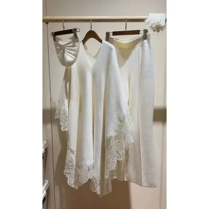 Autumn and Winter New High-end Light Luxury Temperament Loose Knitted Cape Sweater Pants Set White Two Piece Set Women Outfit