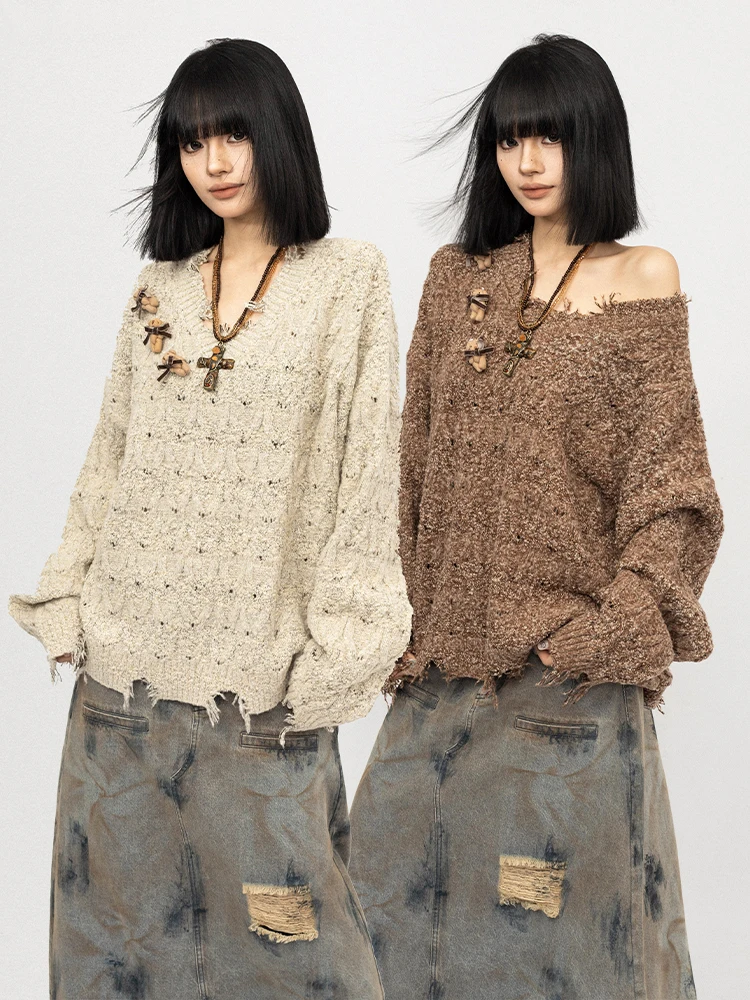 

OCTTFLAB American Retro Spicy Girl V-ne Long Sve Knitted Sweater Women's Autumn Winter Lazy Sle Design Top