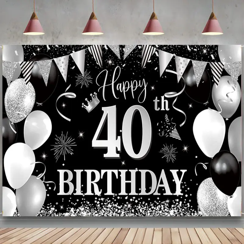 

40th Birthday Banner Background 40th Birthday Decoration Black Silver Photo Backdrop 40th Birthday Party for Men and Women