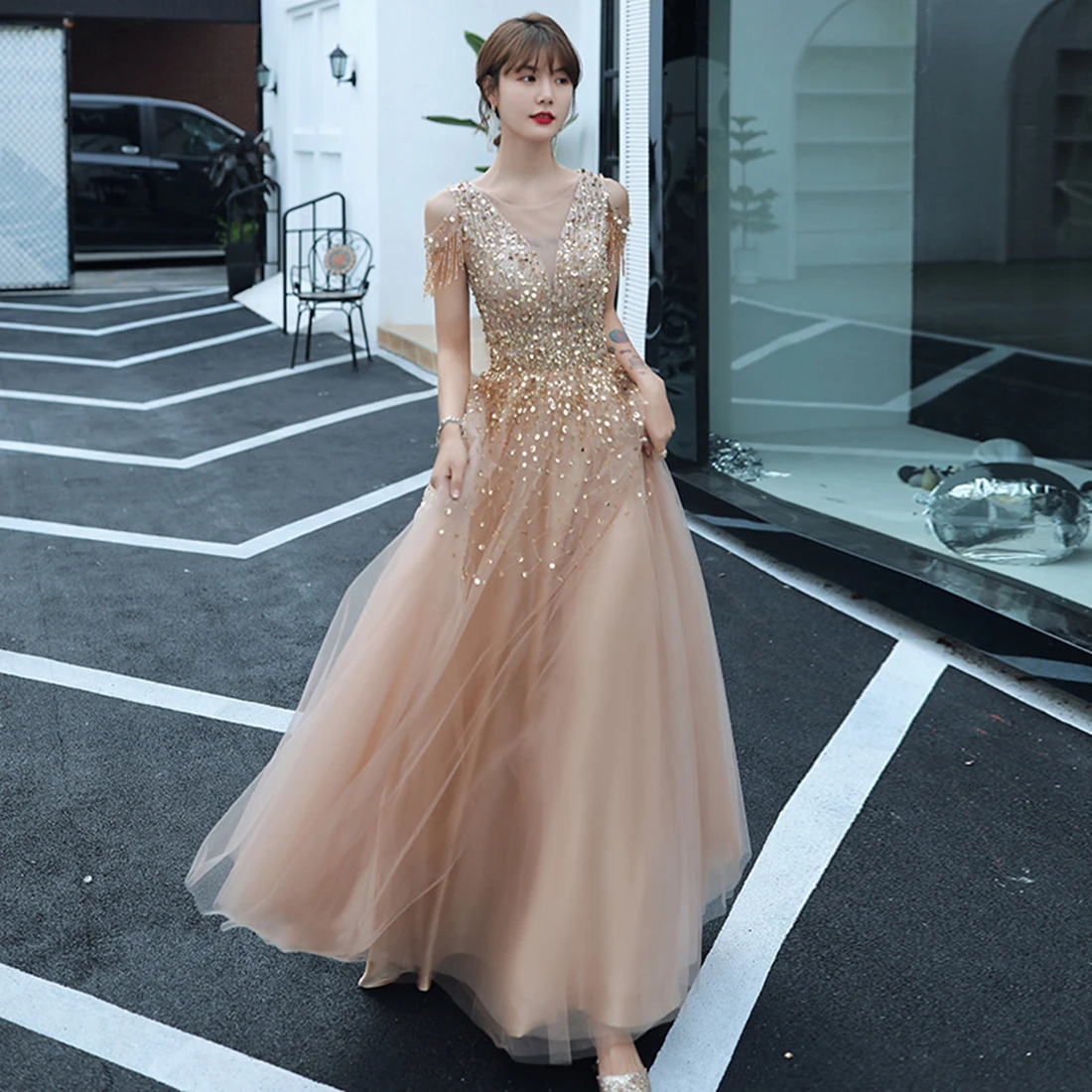 Vestido de graduación elegante con cuentas hasta el suelo, línea A, cuello redondo, Sexy, vestidos de graduación