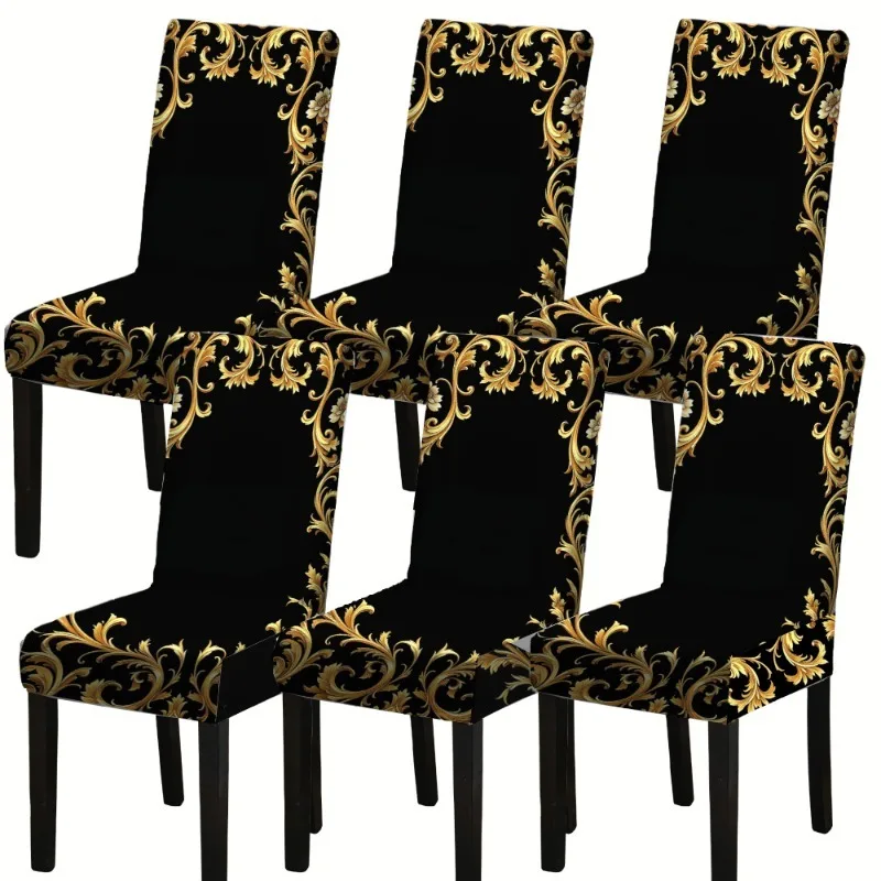 4/6 Stück elastische Stuhlbezug Schwarz Gold Barockmuster Stretch Esszimmer Sitzschutz Universal Fit Möbelbezüge