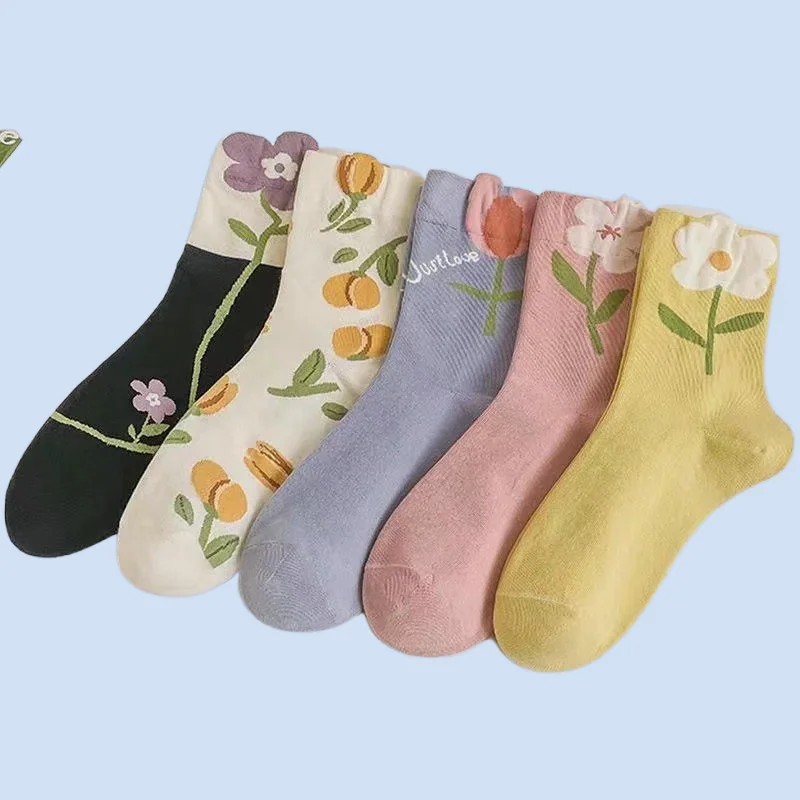 5/10 Pairs College Socks Flower Socks Women's Spring Summer and Autumn Middle-Tube Socks Niche Personality Sweet Style Socks