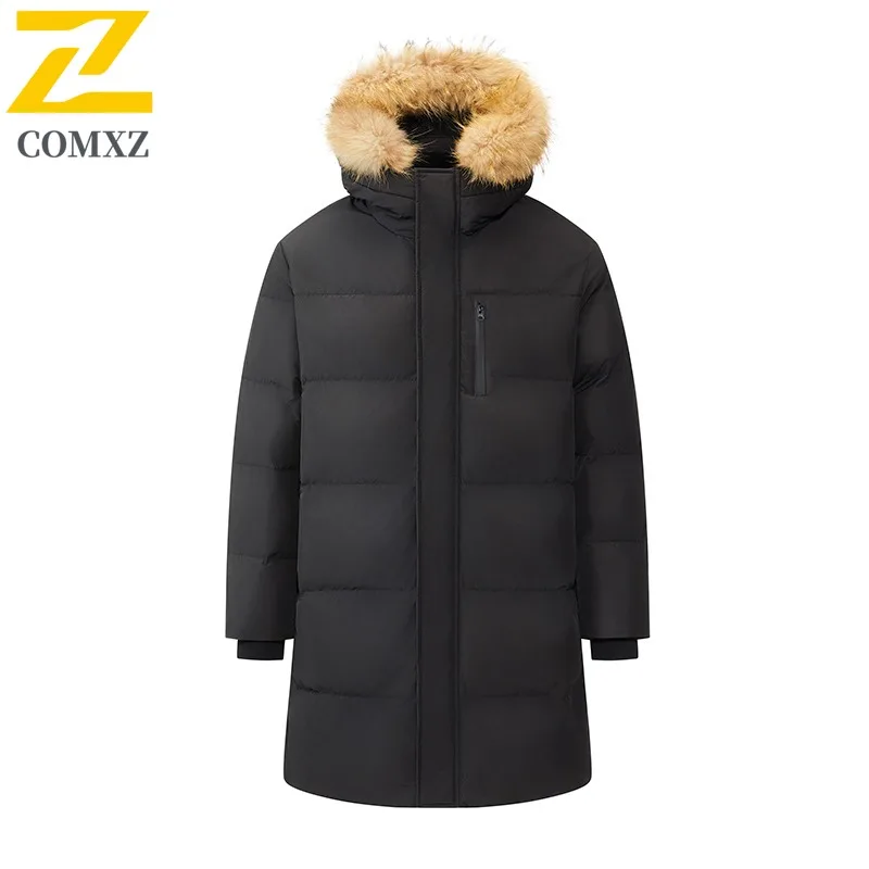 COMXZ Men Long Down Jacket Splicing Hood 90 percent White Duck Down Warm Parka Snow Travel Lightweight Autumn Winter windbreaker