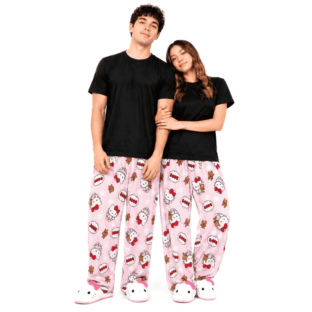 Men & Women Couple,Hello Kitty Flannel Sleep Bottoms,Winter Thick Warm Fuzzy Pants,Cartoon Print,Indoor Home Loungewear