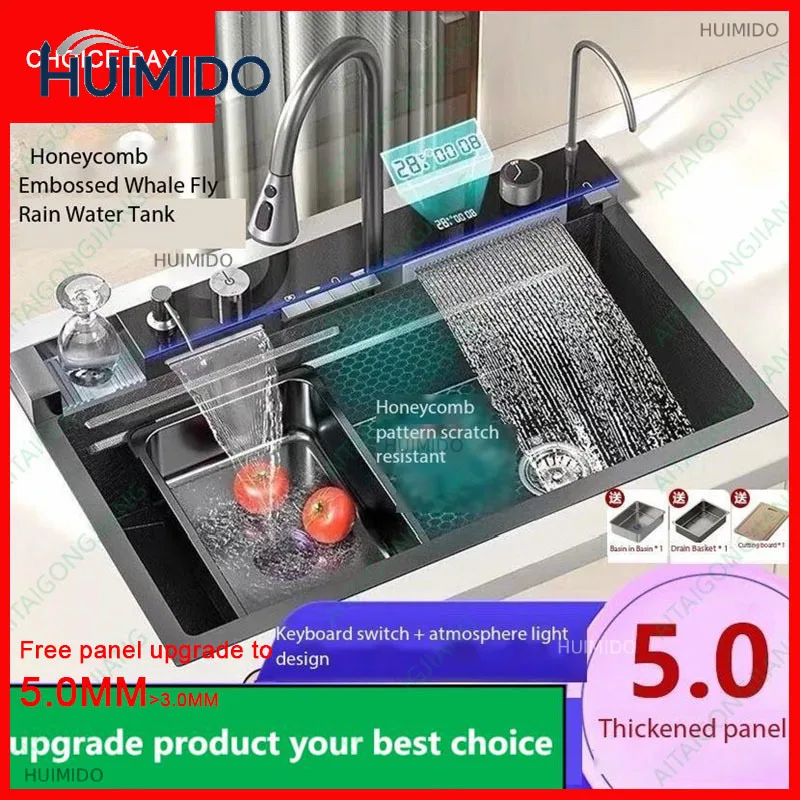 5.0MM Double Waterfall Sink Embossed Stainless Steel Kitchen Sink Large Single Slot Digital Display Wash Basin Dishwashing Pond