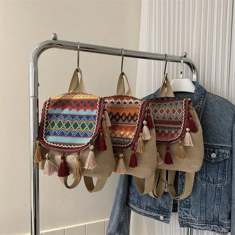 Ethnic style large capacity tassel small bag women's backpack easiest for matchcasual bag trendy