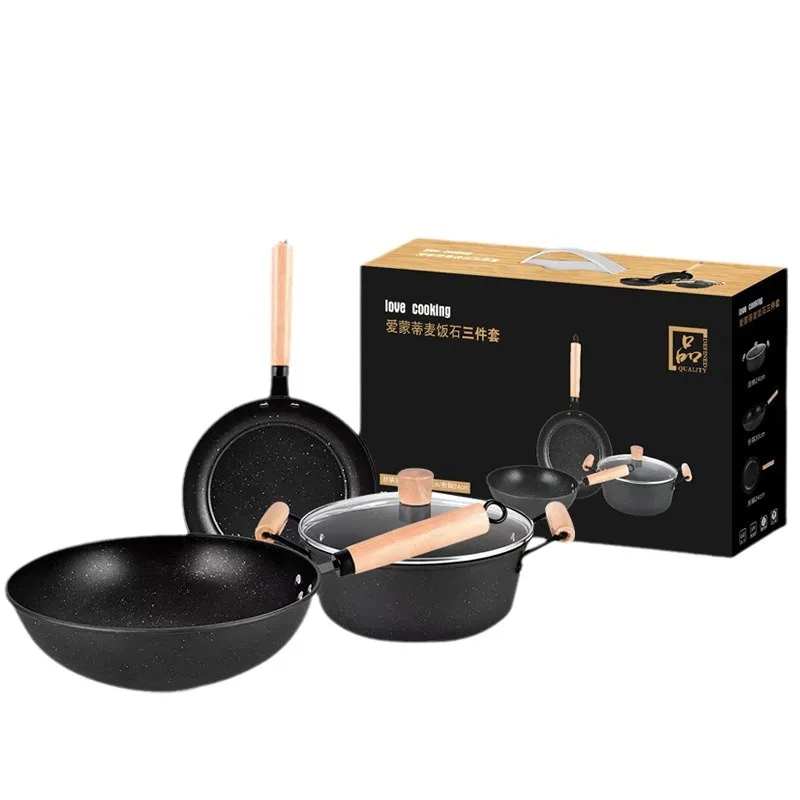 A Three-piece Set of Cookware Made of Tourmaline, Including  Wok,  Soup Pot and  Frying Pan