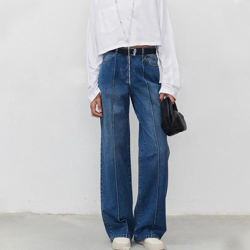 Women's Commuter R0* Jeans Spring and Autumn Stereoscopic Middle Stitch Straight Leg Wide Leg Pants Vintage Draglines