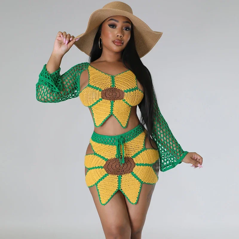 Sunflower Crochet Two Piece Set for Women Summer Beach Dress Sets Long Sleeve Crop Top and Mini Skirt Suits Sexy Club Outfits