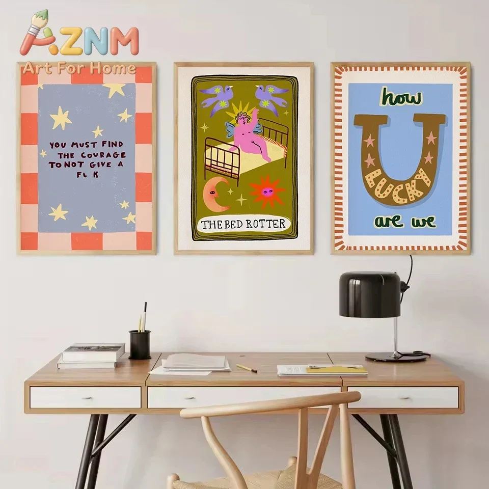 AZNM Fun Colorful Quote Canvas Wall Art Cartoon Hand Drawn Text Heart Frog Pigeon Frameless Print Poster for Living Room Home De