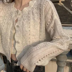 Deeptown Lace White Women Knit Cardigan Long Sleeve Hollow Out Elegant Kintwear Korean Style Summer Loose Vintage Sweater Sweet