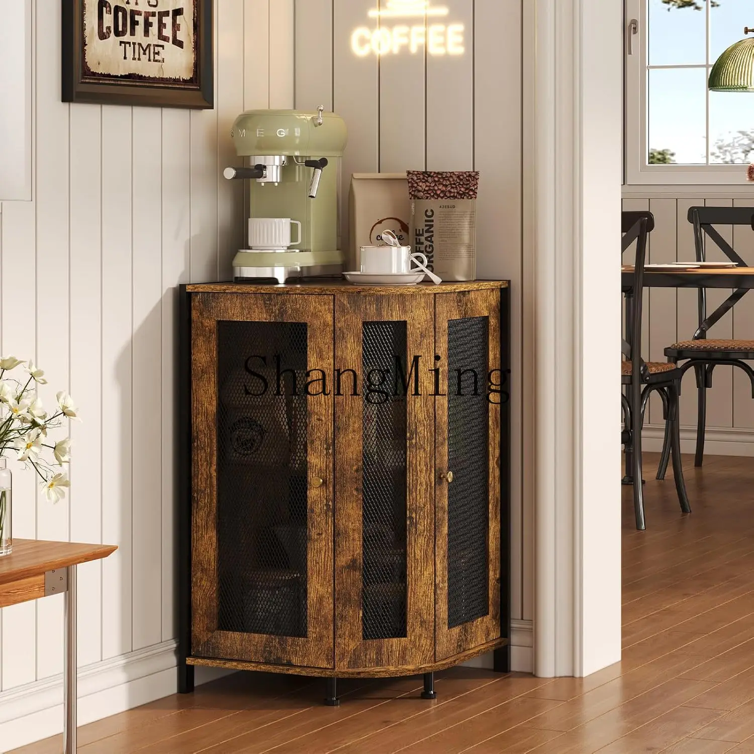 SM Home Kitchen Living Room Corner Wooden Wine Cabinet Three-layer Corner Coffee Cabinet with Storage Rack