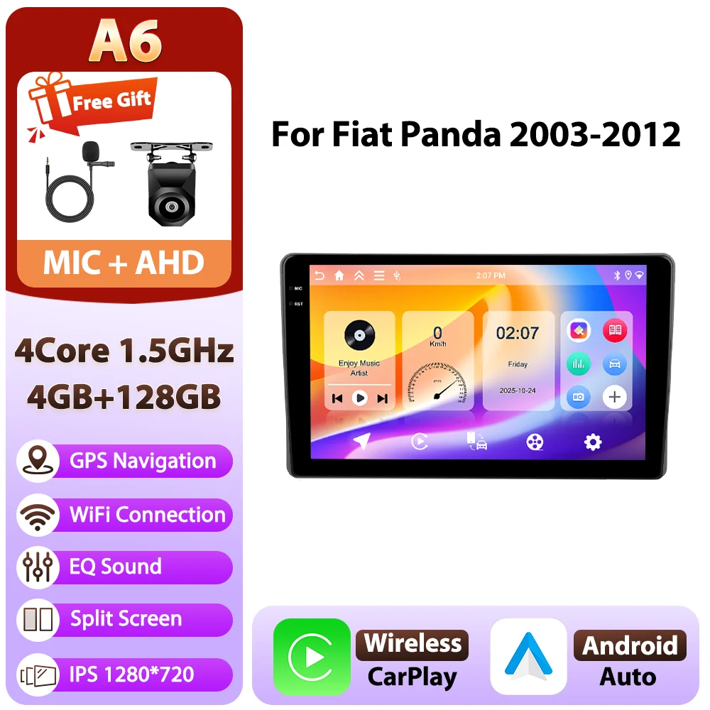 Podofo Android 9 inch 8-core 8+128GB autoradio voor Fiat Panda 2003-2012 met 4G WIFI, multimediaspeler, GPS, AM/FM/RDS