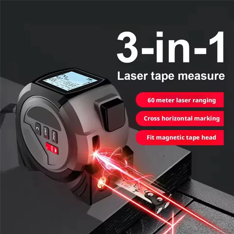 A88E-Pengukur Jarak Laser Inframerah dengan Penggaris Pita Pengukur - Layar LCD Digital, Alat Akurasi Tinggi 3-In-1