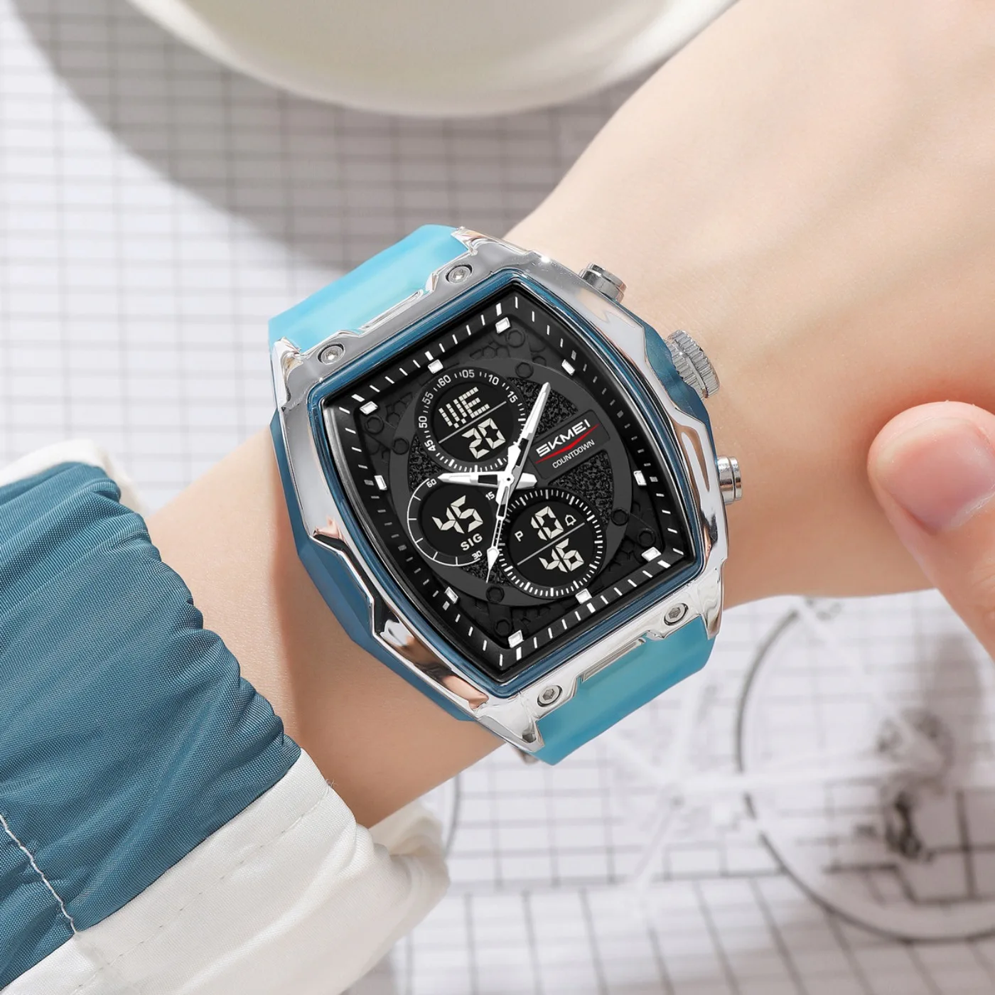 2601 Wristwatch Digital Electric Watch 2 Time 50M Waterproof Chronograph Alarm Date Week LED Light Display 12/24Hrs Clock view 3