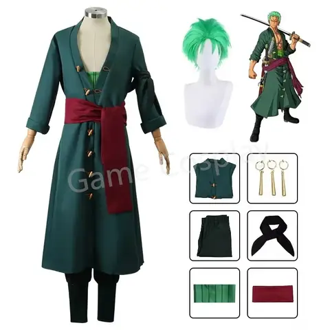 Anime Roronoa Zoro Cosplay Costume Uniform Green Coat Pants Head Scarf Roronoa Zoro Wig Earrings Halloween Carnival Men Clothes