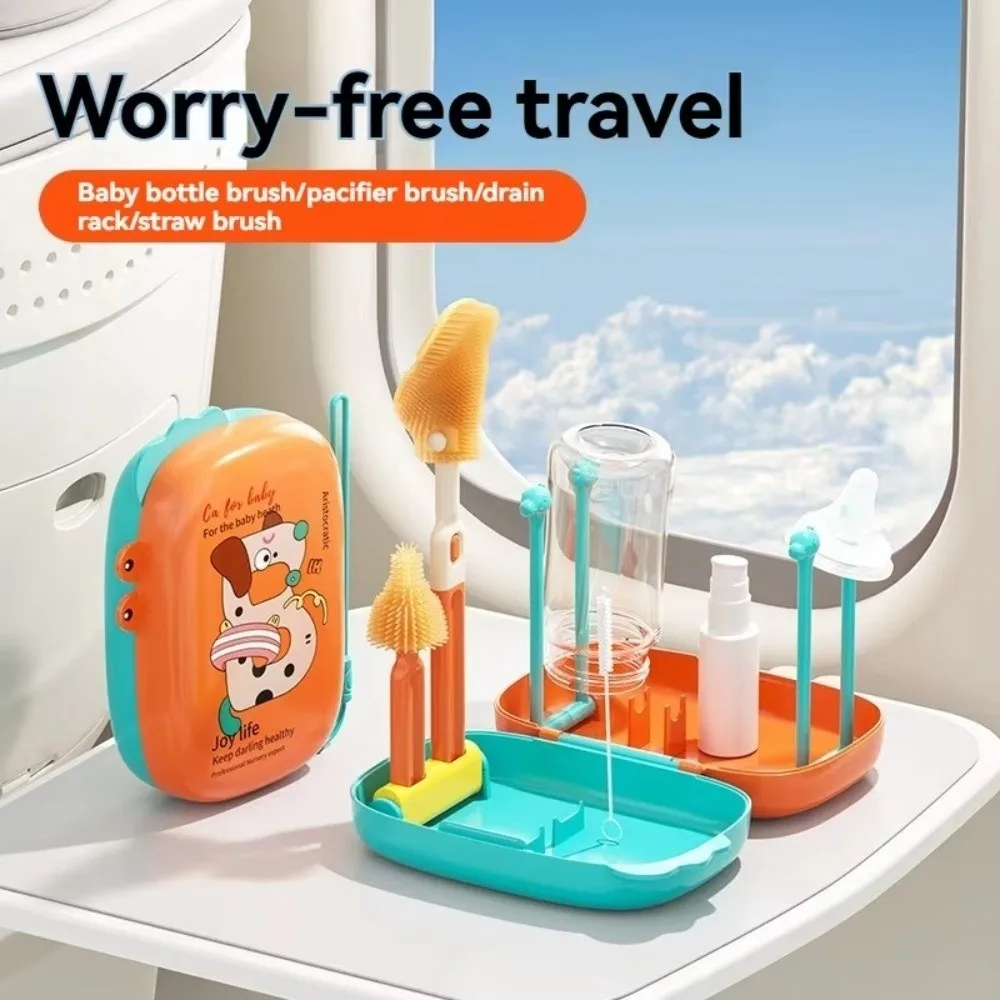 

5-in-1 Baby Bottle Brush Set Space Saving Built-in Drain Rack Bottle Cleaner Brush Drying Rack Portable Cup Brush