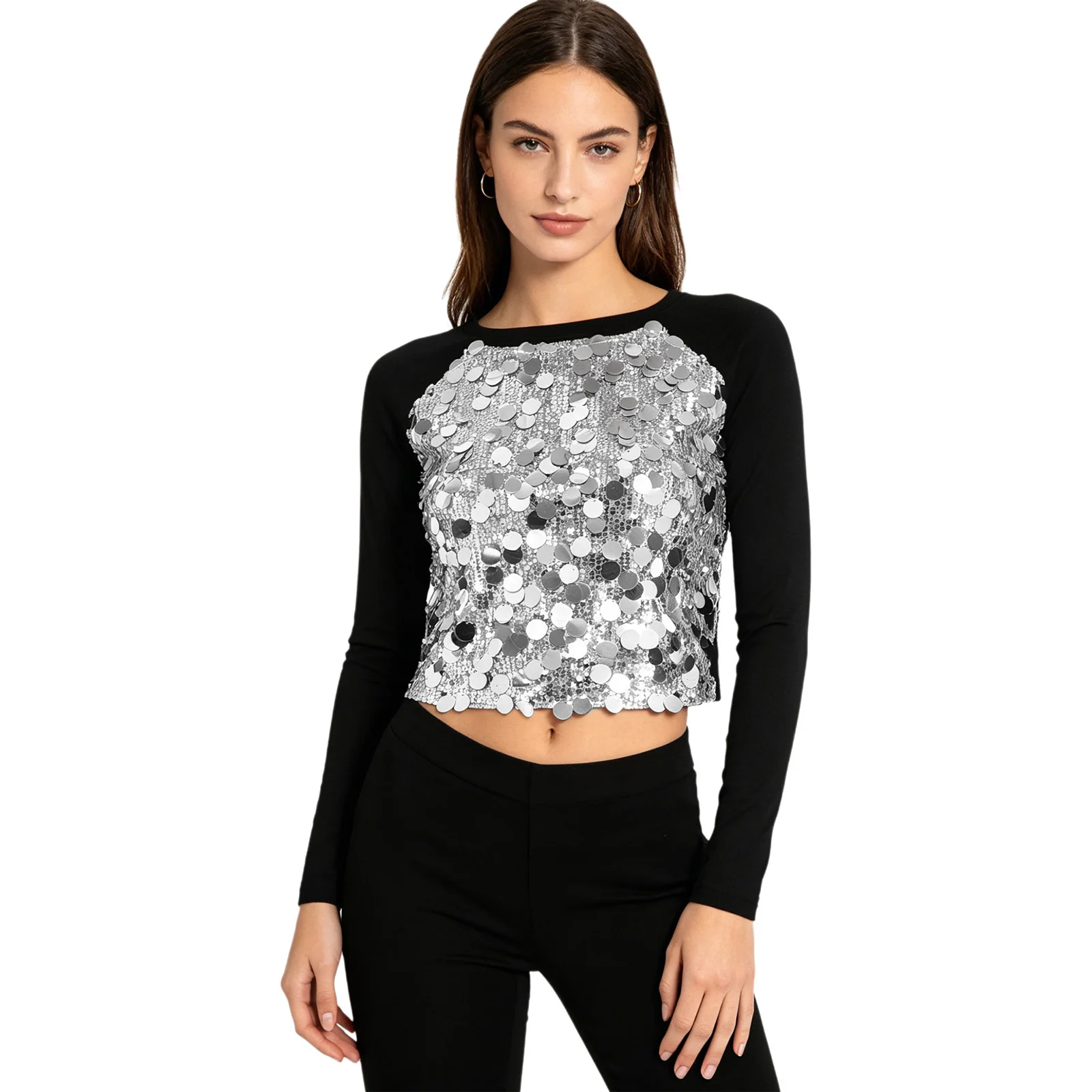 Women Hip Hop Street Dance Crop Top with Front Sequins Crew Neck Long Sleeve Pullover T-shirt Dance Blouse for Music Party Stage
