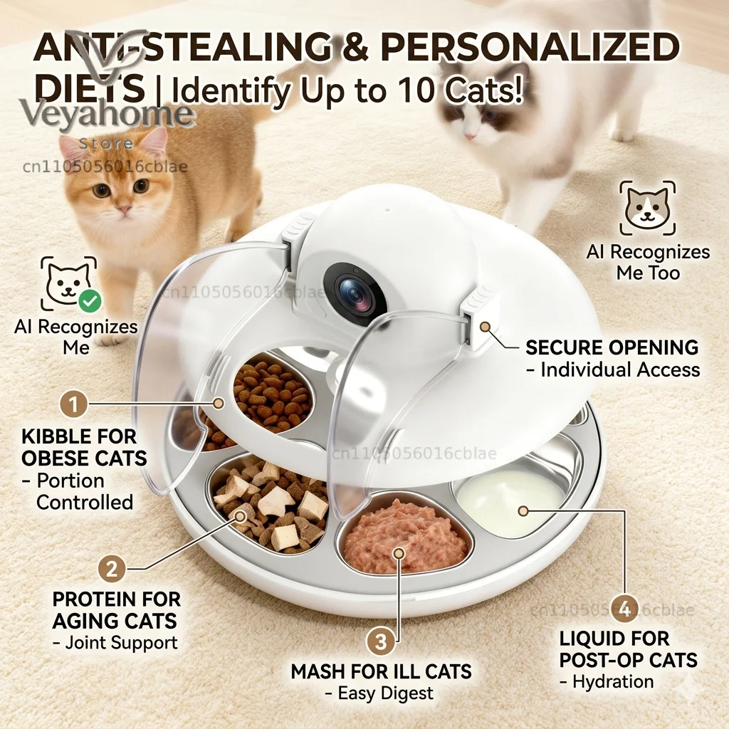 Wholesale Smart Multi-Cat Feeder AI facial recognition 6-seat rotating tray, wet and dry food Automatic pet feeder Wifi app