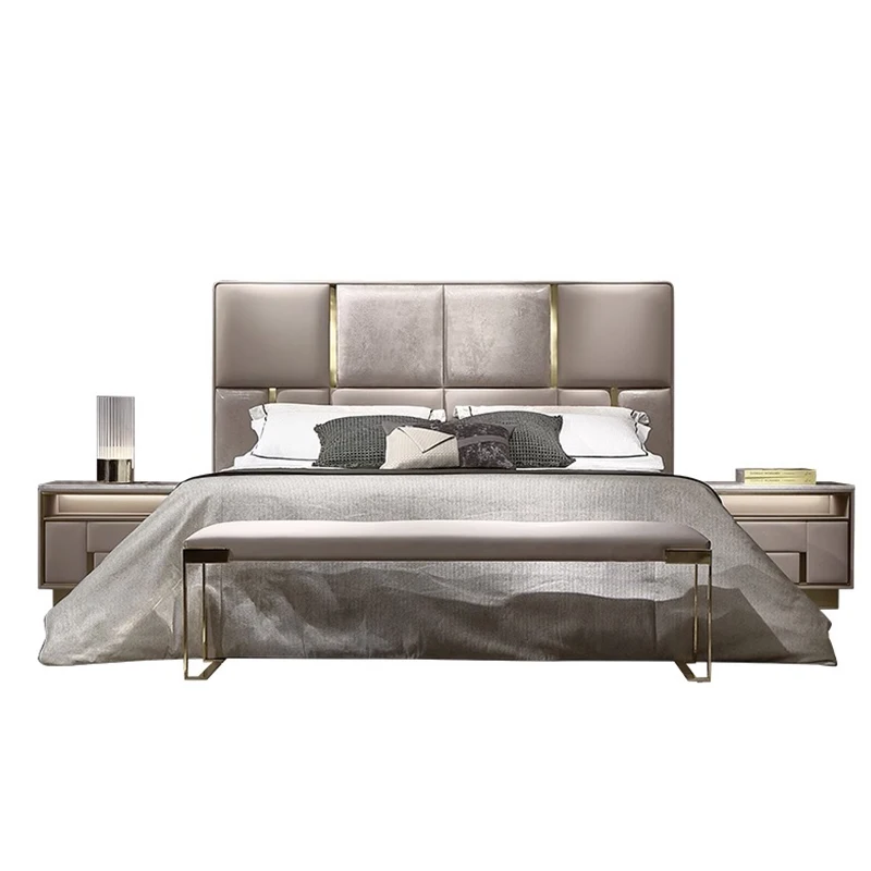 

Italian luxury leather bed set on the modern simple soft double bed high-end custom villa wedding bed