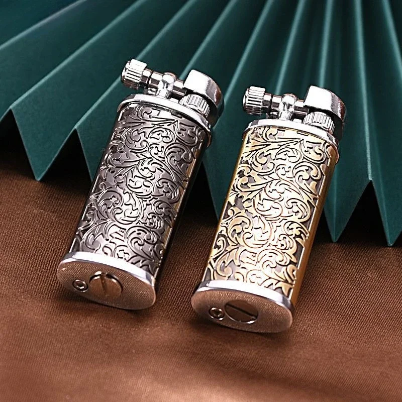 Retro Tang Grass Pattern Kerosene Lighter, Metal Material, Arm-raising Open Flame Grinder, Nostalgic Men's Gift
