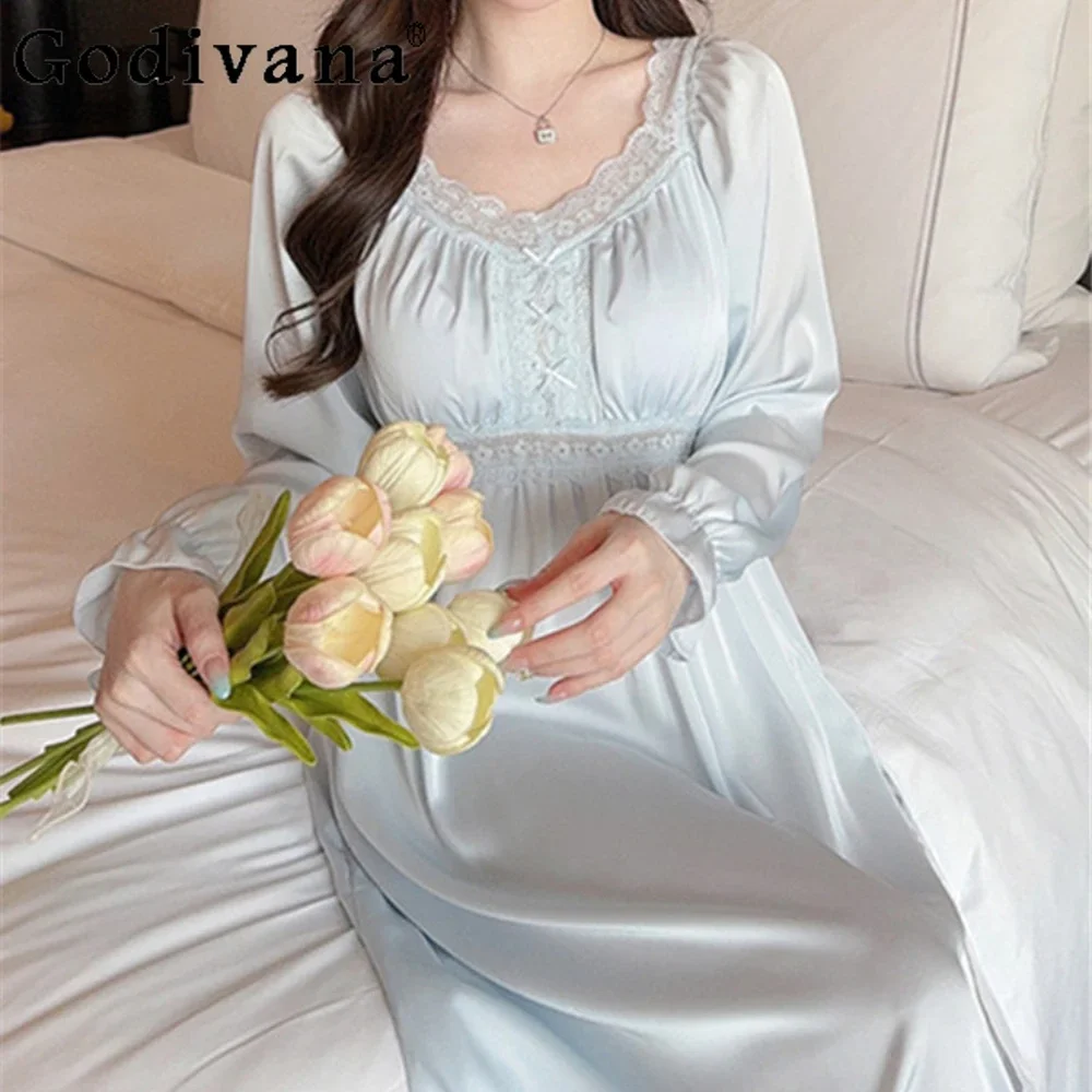 

Nightdress French Court Style Ice Silk Pajamas Women's Autumn with Chest Pads Sweet Lace Pullover Long-sleeved Nightgowns Robe