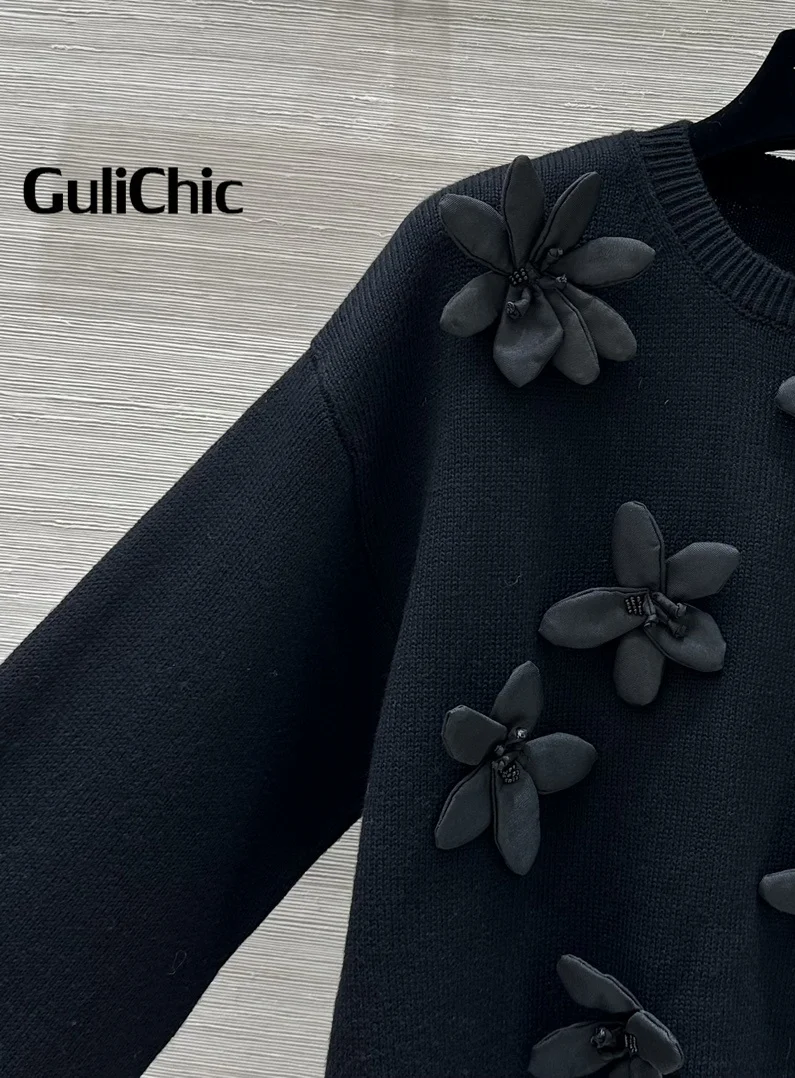 9.6 GuliChic 2024 New Women Sweet Temperament Elegant Wool Sweater 3D Flower Embroidery Long Sleeve Casual Knitwear