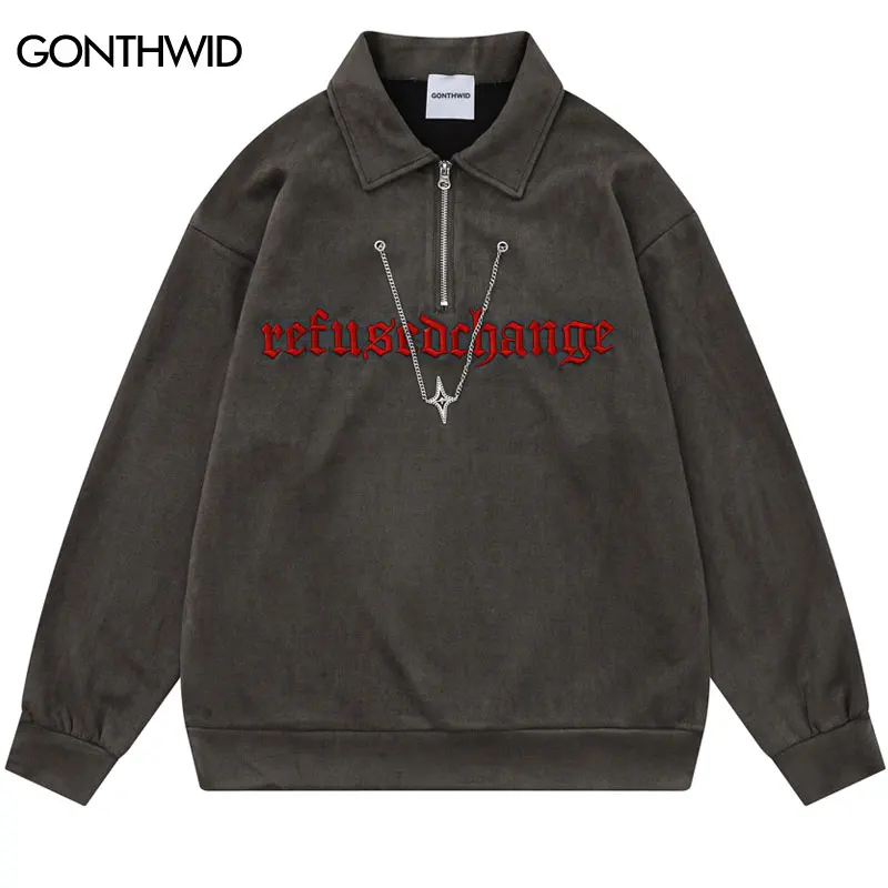 Men 90s Suede Shirts Y2K Harajuku Embroidery Letter Half Zipper Long Sleeve Tshirt with Chain 2024 Men Hip Hop Loose Tops Tee