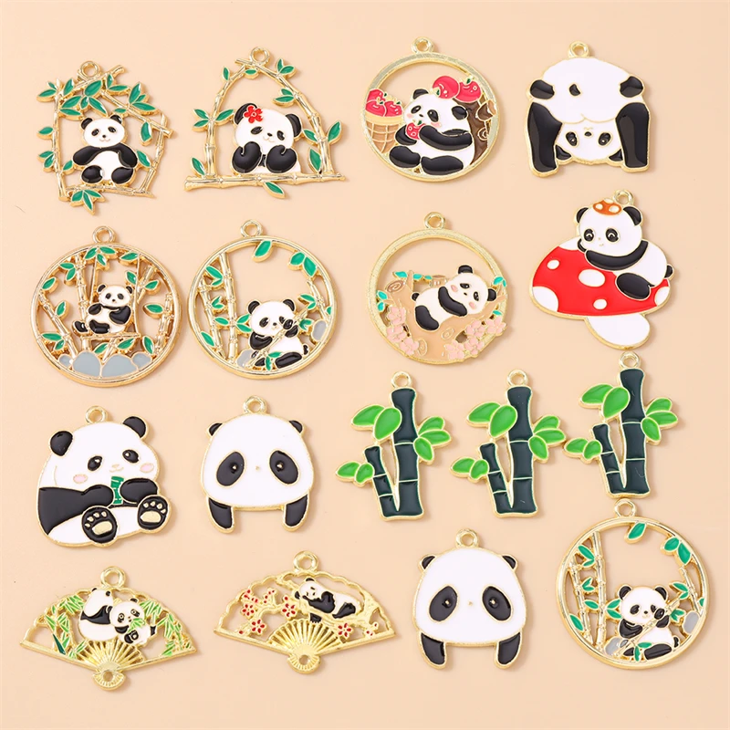 10 Stück gemischte Cartoon-Tieranhänger aus Emaille, Panda-Bambus-Anhänger für Schmuckherstellung, Ohrringe, Anhänger, Halsketten, DIY-Bastelzubehör – Detail 1