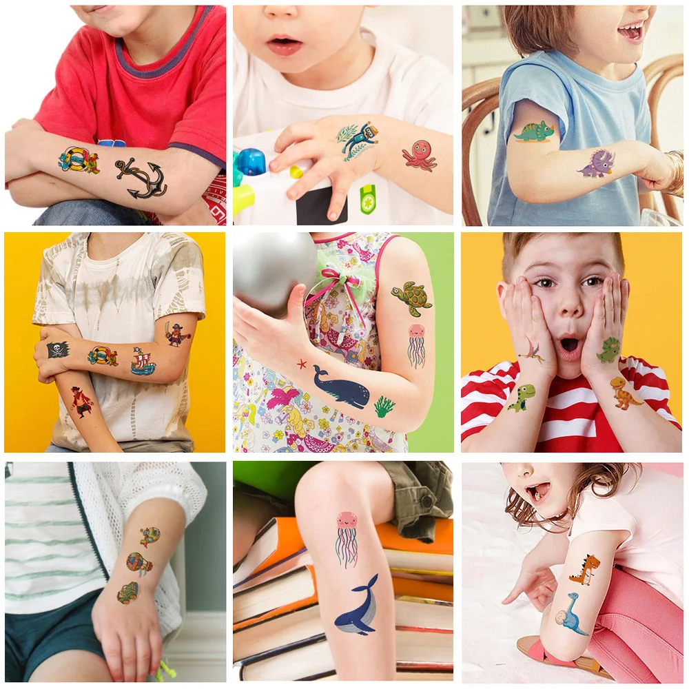 10แพ็คปลอมสติกเกอร์รอยสักการ์ตูนชั่วคราว Tattoo เด็กแขน DIY Body Art การ์ตูนเมอร์เมดยูนิคอร์นสัตว์