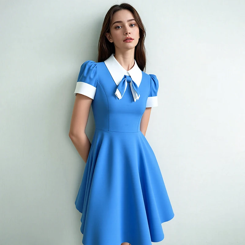 

Summer Vintage 50s 60s Pinup Swing Dress Women Elegant Short Sleeve Retro Party Rockabilly Dress Shirt Collar Bow Knot Dress