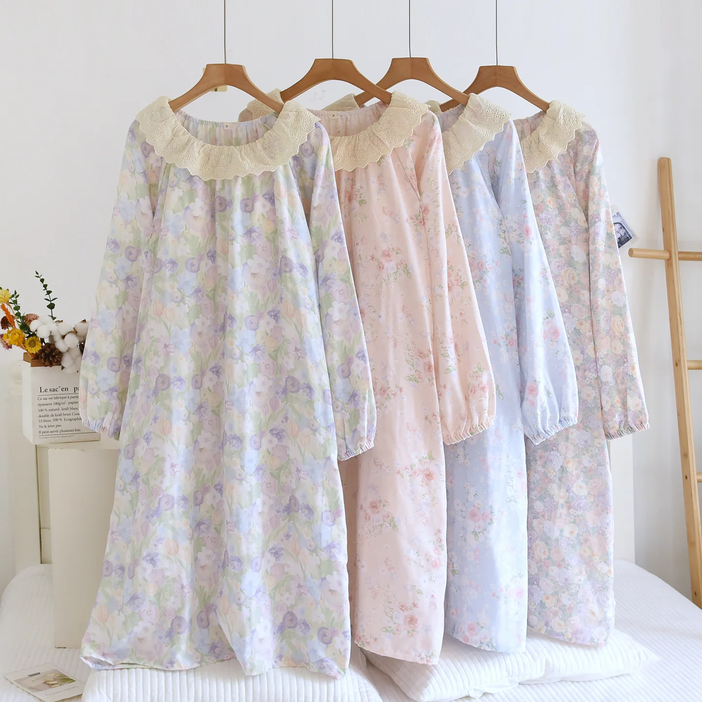 

Sweet Lace Round Neck Floral Print Nightgown Night Clothes Sleepwear New Spring Women's Nightgown One Piece Pajamas Dress