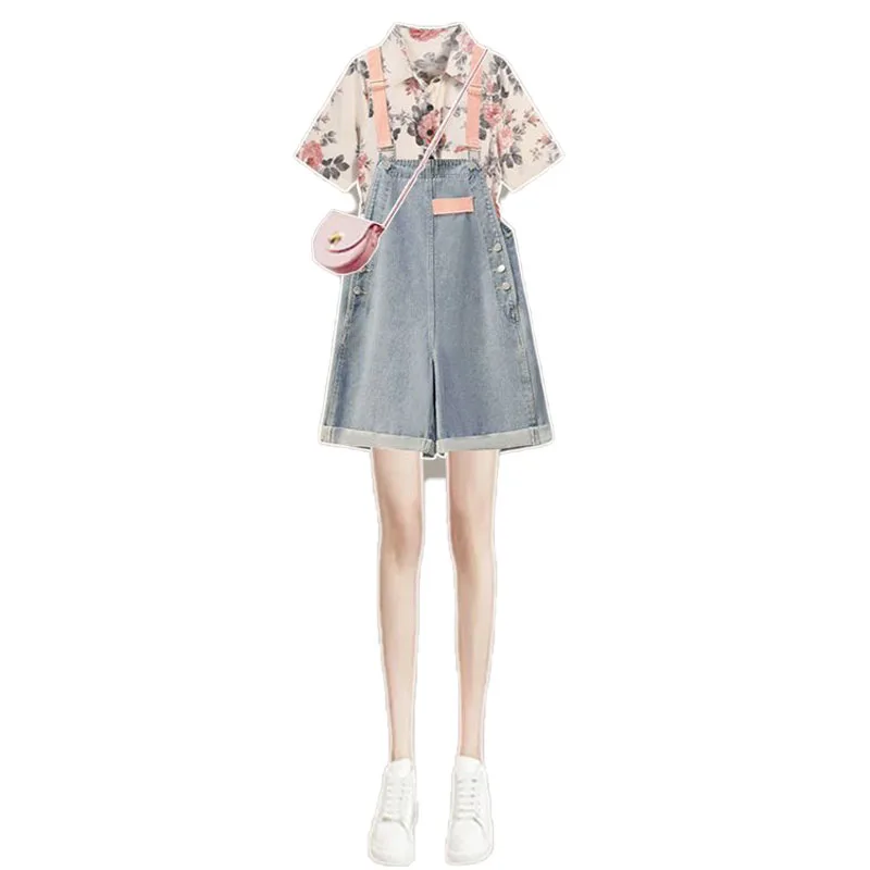 Slim Fit Denim Overalls Dames Faion Set irt ort Broek Tweedelig Pak ature irt Hoge Taille orts Street Sle