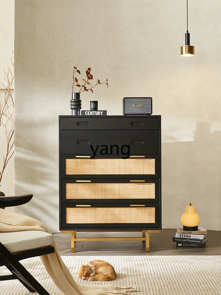 Yhl Wooden Rattan Chest of Drawers, Silent Wind Entrance Cabinet Chest of Six Drawers Drawing Cabinet